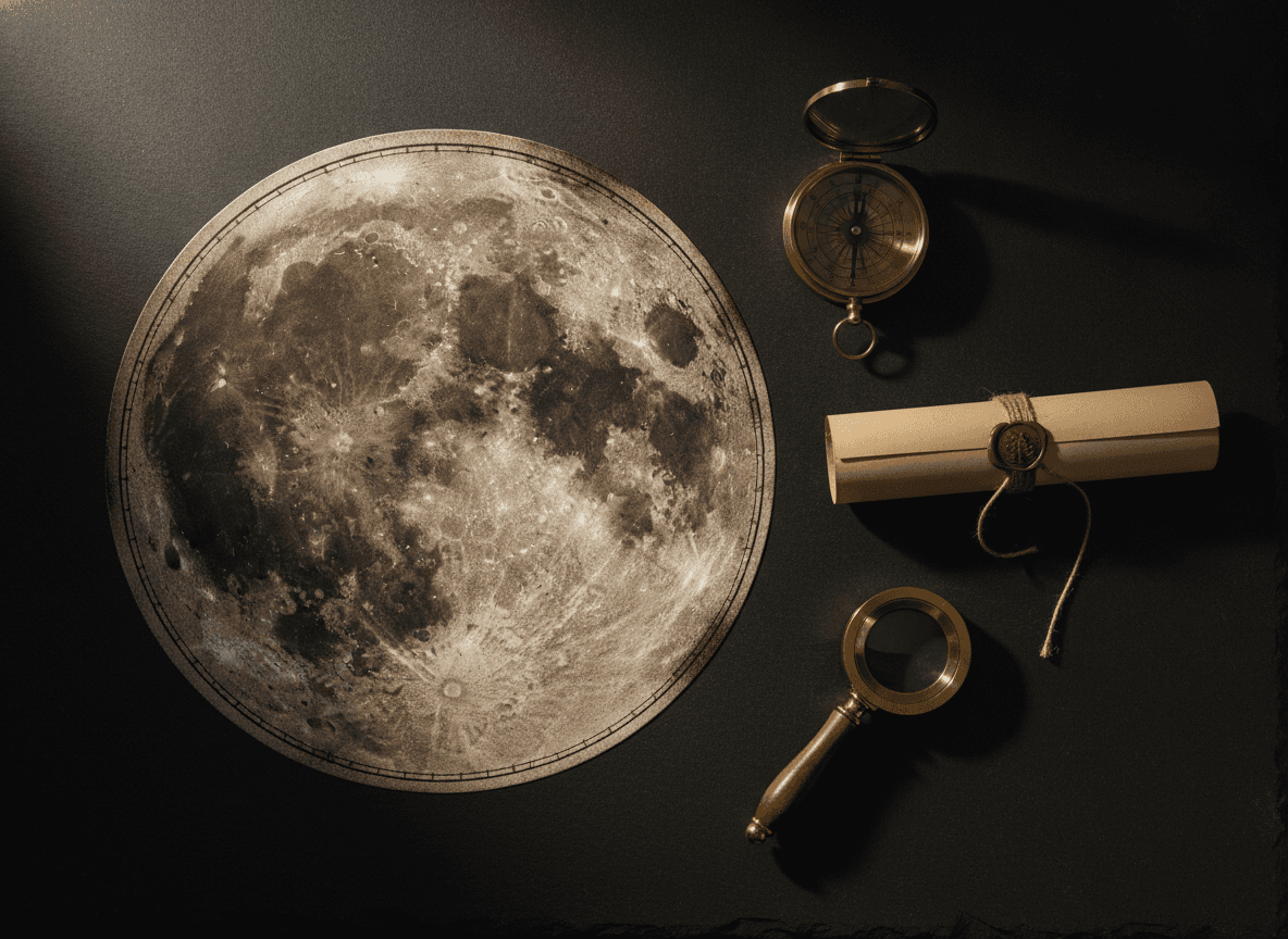 A circular lunar map print, a rolled certificate, a brass compass and a magnifier arranged on dark slate