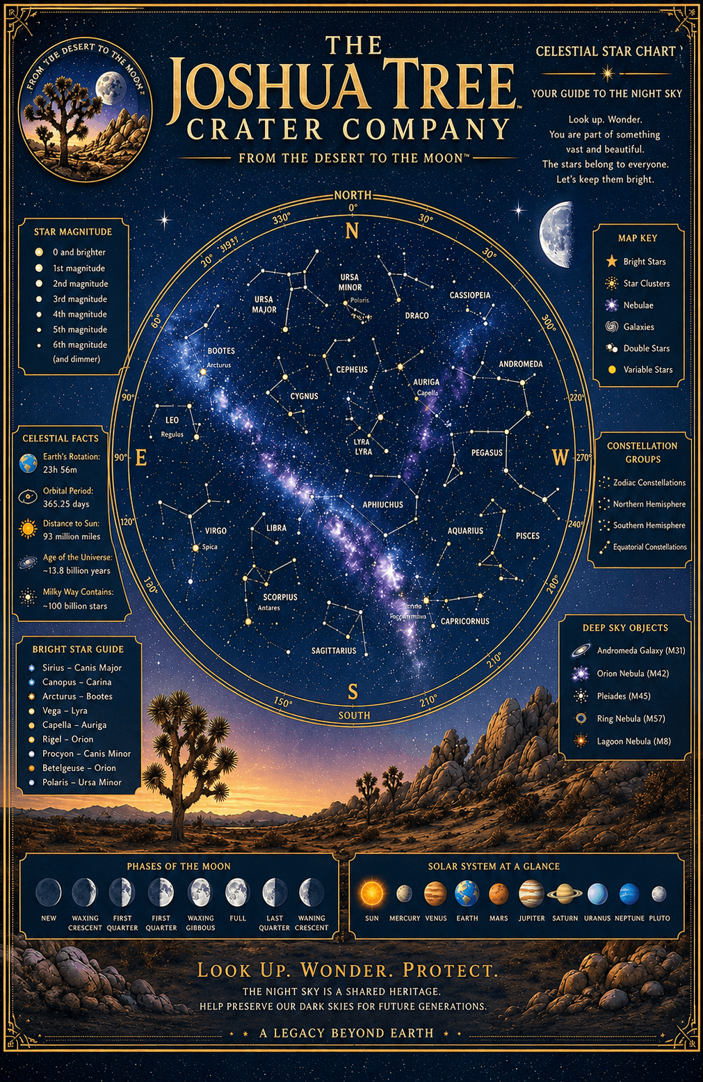 The Joshua Tree Crater Company celestial star chart poster, showing a full night-sky map of constellations, star magnitudes, bright stars, deep-sky objects and the phases of the Moon, above a Joshua Tree desert horizon at dusk