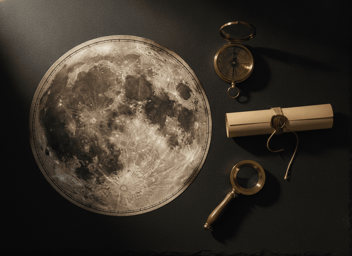 A circular lunar map print, a rolled certificate, a brass compass and a magnifier arranged on dark slate