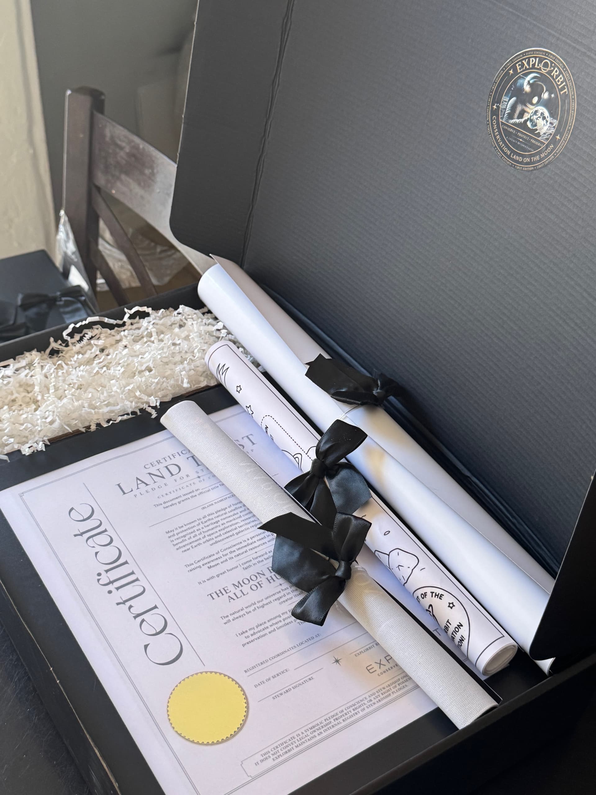 The open black presentation box, with two posters rolled and tied with black ribbon in white crinkle filler and the gold-sealed certificate laid on top